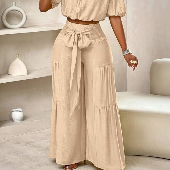 Khaki Casual Women's Beach One-Shoulder Puff-Sleeved Crop Top & Wide Leg Pants - Picture 4 of 7
